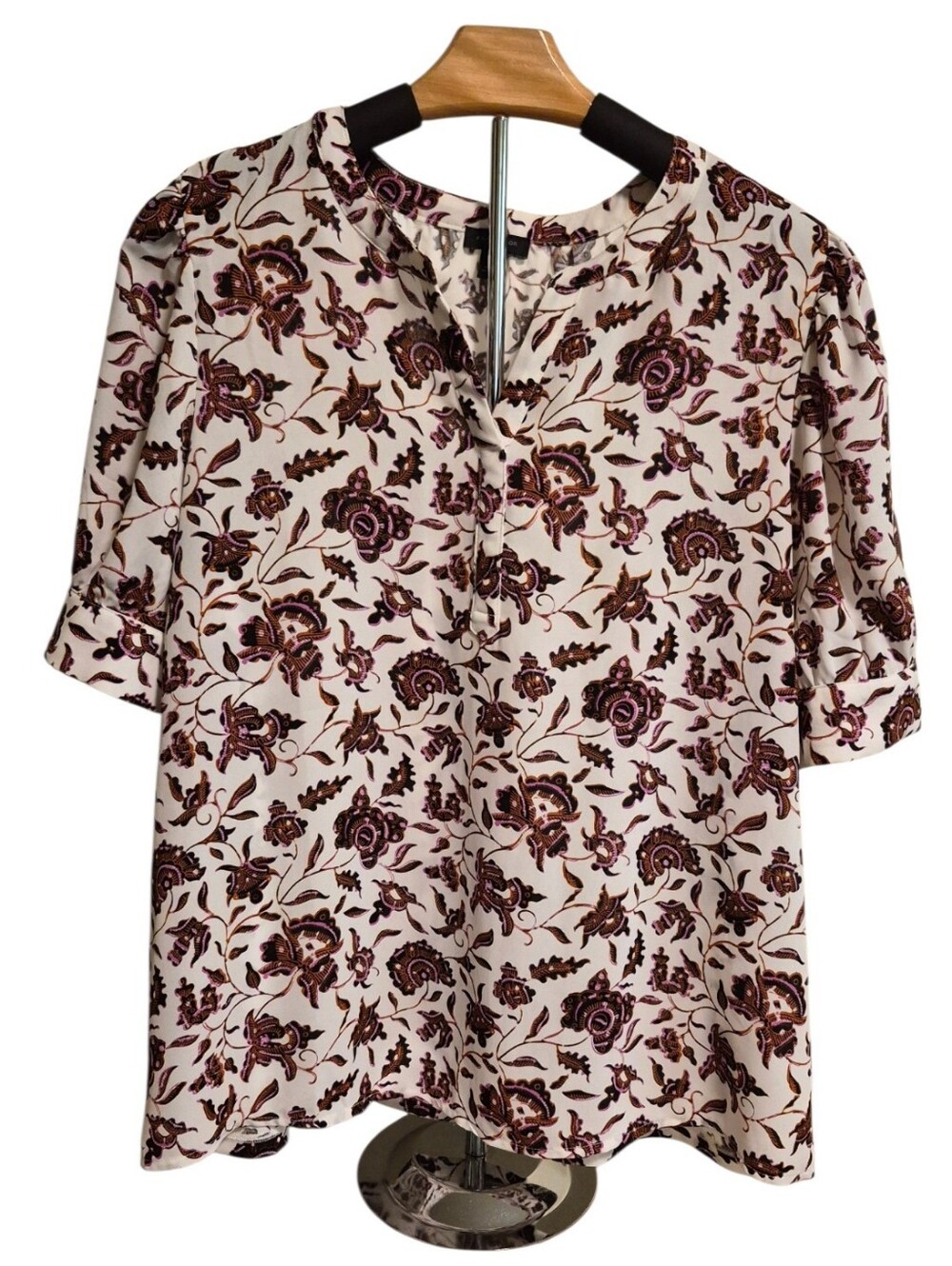 Office Ready Ann Taylor Factory Floral Split-neck Blouse - Size Large